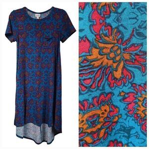 LuLaRoe Carly Dress Teal Floral Print Midi Pocket Hi-Low Butter Soft Casual